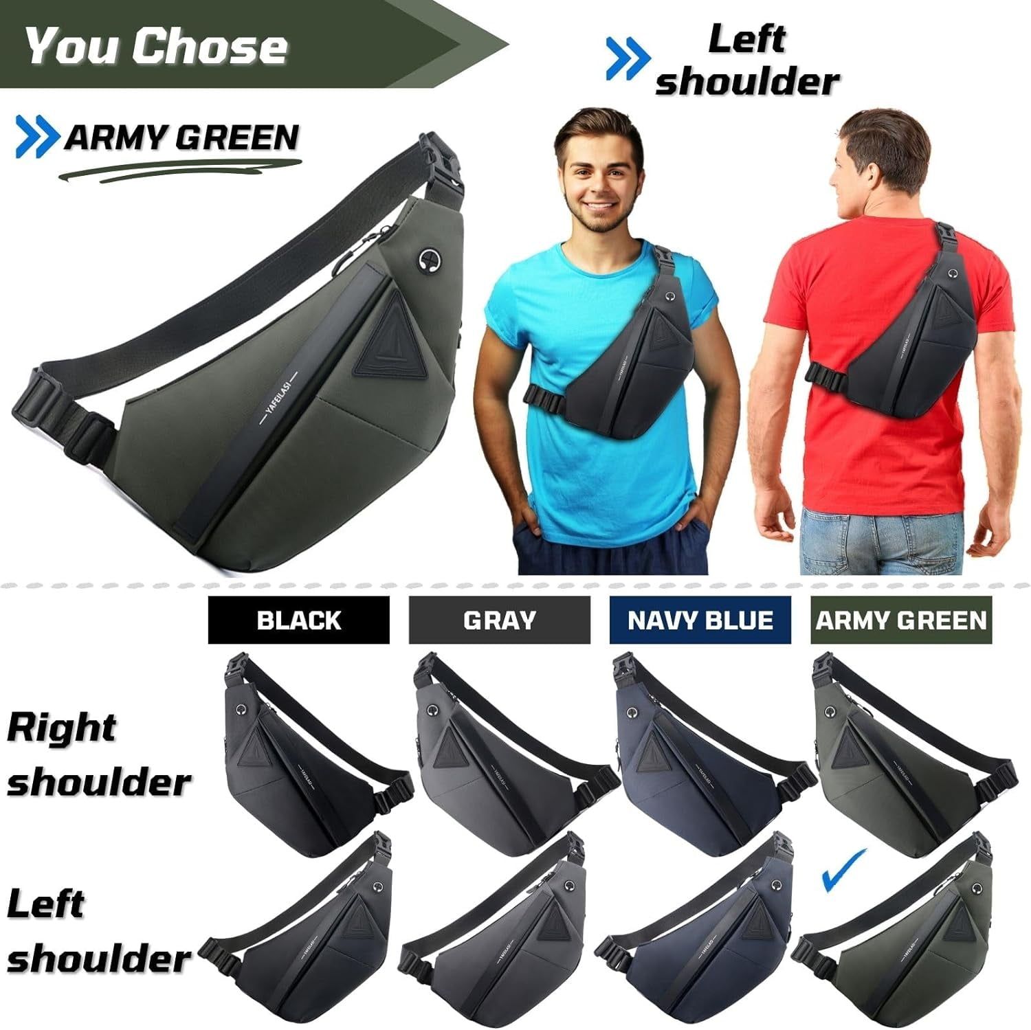 Anti-Theft Travel Sling Bag for Men and Women Expandable Waterproof Crossbody Bag Chest Shoulder Backpack (Black - Left shoulder)