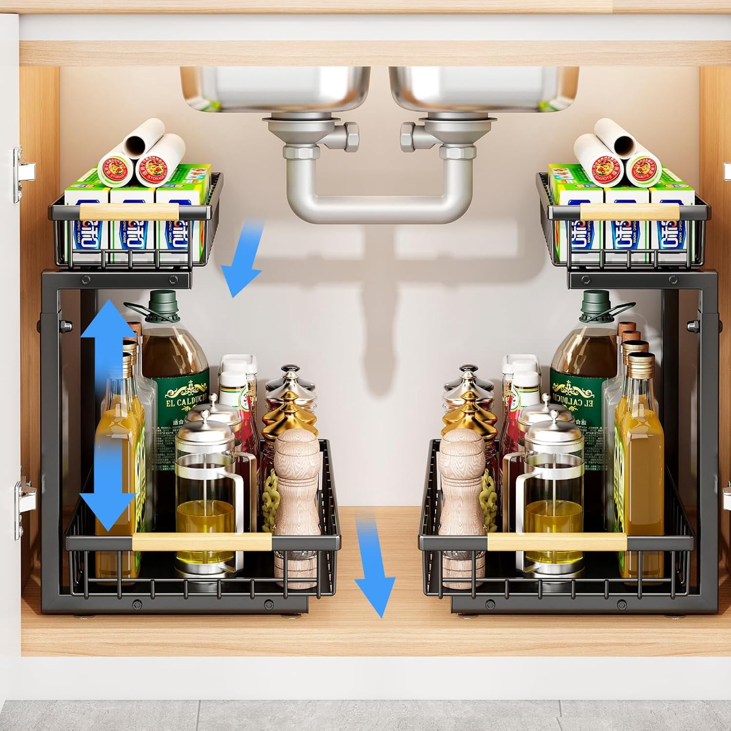 Under Sink Organizer, 2 Packs 2 Tier Under Sink Organizers and Storage, Slide Out Pull Out Cabinet Organizer Shelf, Metal Sliding Drawer for Kitchen Bathroom Pantry Cabinet Closet Organization Rack