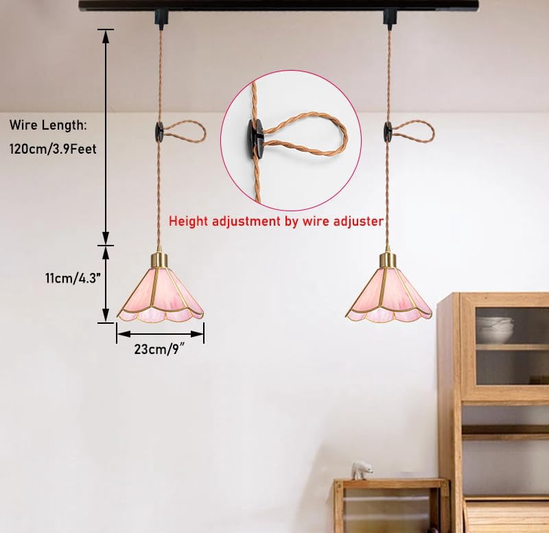 KAYYELAMP J-Type Pink Glass Track Lighting E26 Brass Base Cord Adjustable Vintage Design 3.9 Feet for Kitchen Restaurant(No Bulb, Track)