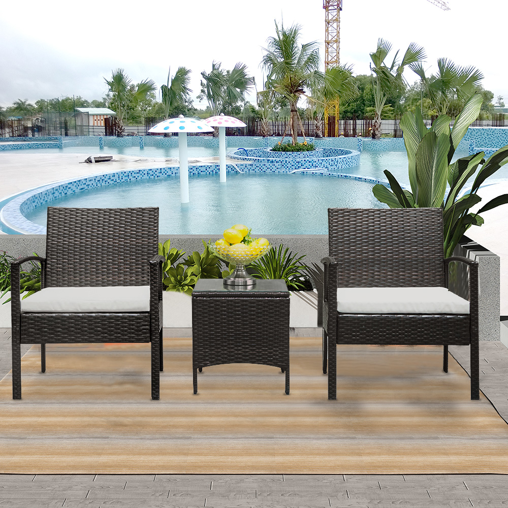 3 Pieces Outdoor Patio Furniture Sets for 2, Rattan Chair Wicker Set with Two Single Sofa, Removable Cushions, Tempered Glass Table, Q8914 - image 2 of 12