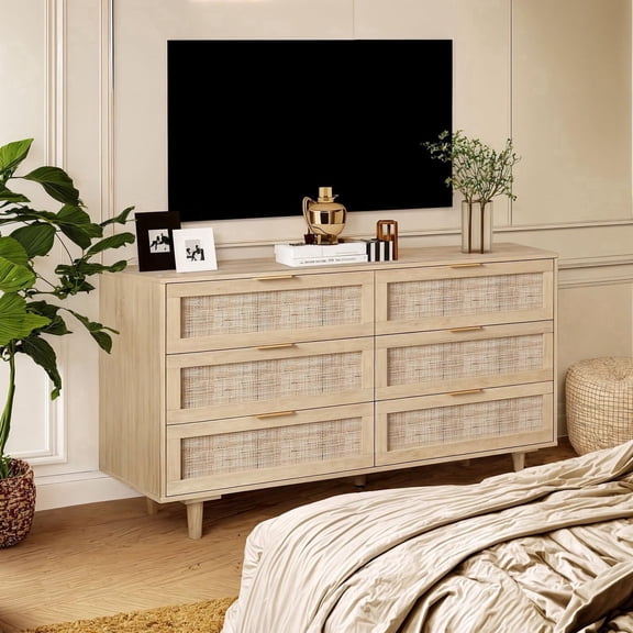 HoopieHome 6 Drawer Wide Dresser Modern Rattan Brown 51 Inch