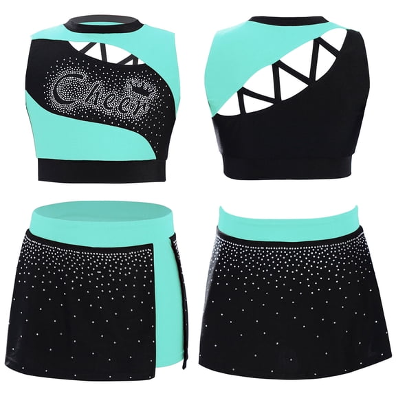 iiniim Girls 2 Piece School Cheerleading Uniform Outfit Shiny Sleeveless Crop Top with Skirt Set Cheer Dancewear Blue Green 16