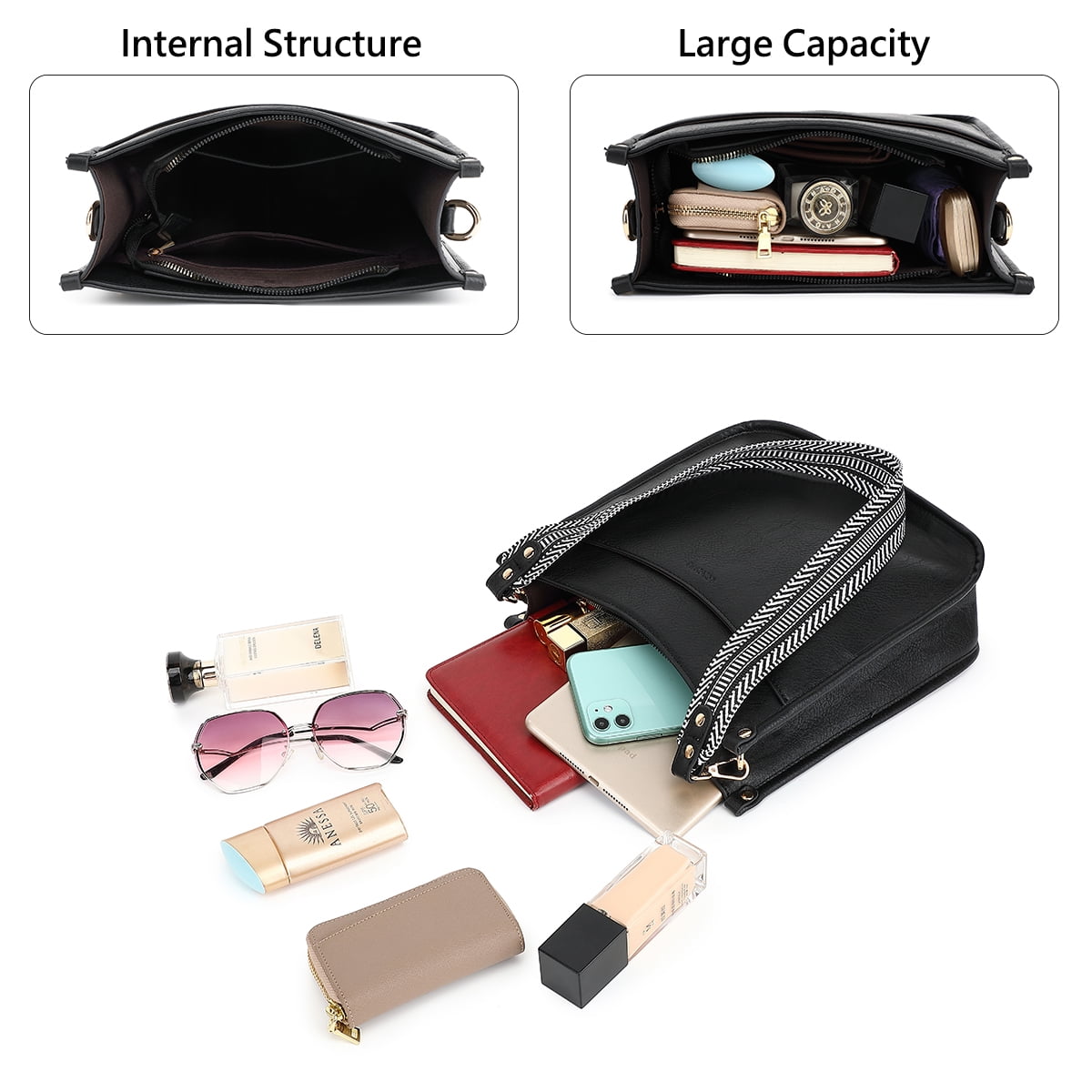 Crossbody Bags for Women Trendy Handbags Vegan Leather Shoulder Bag Black Crossbody Purse with Adjustable Straps