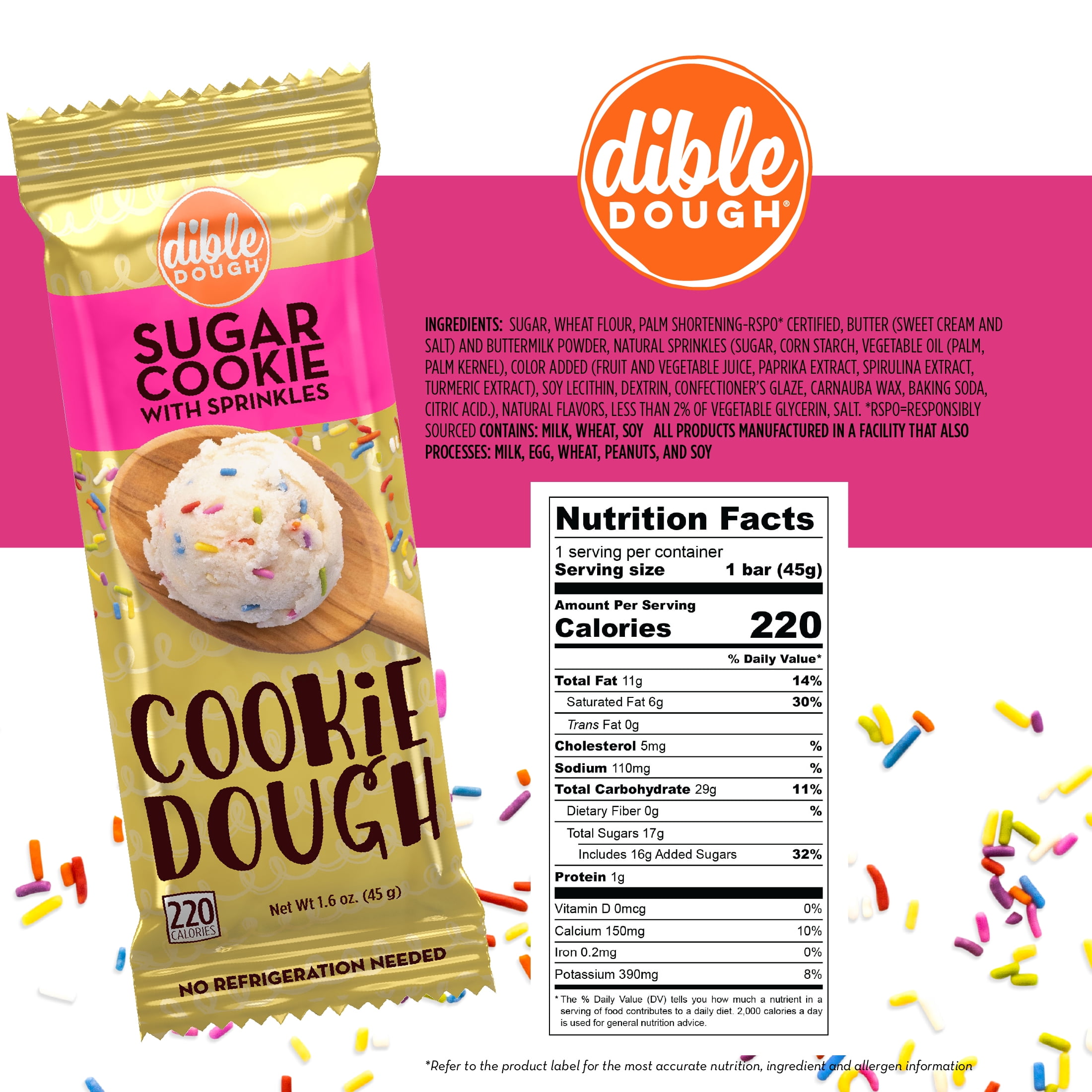 Dible Dough Sugar Cookie with Sprinkles Edible Cookie Dough Bar, Egg-Free Snacks