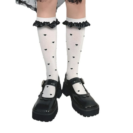

Ziizwfa 1 Pair Women Cotton Knee High Socks Heart Print Solid Color Fashion Casual Sock Female Girl Student Stockings