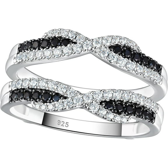 14k White Gold Plated 925 Sterling Silver Round Cut Black & White Moissanite Diamond Solitaire Guard Enhancer Wedding Ring For Women