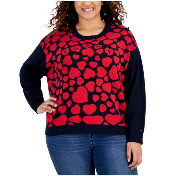 Tommy Hilfiger Womens Heart Logo Knit Pullover Sweater, Red, Plus Size, 2X