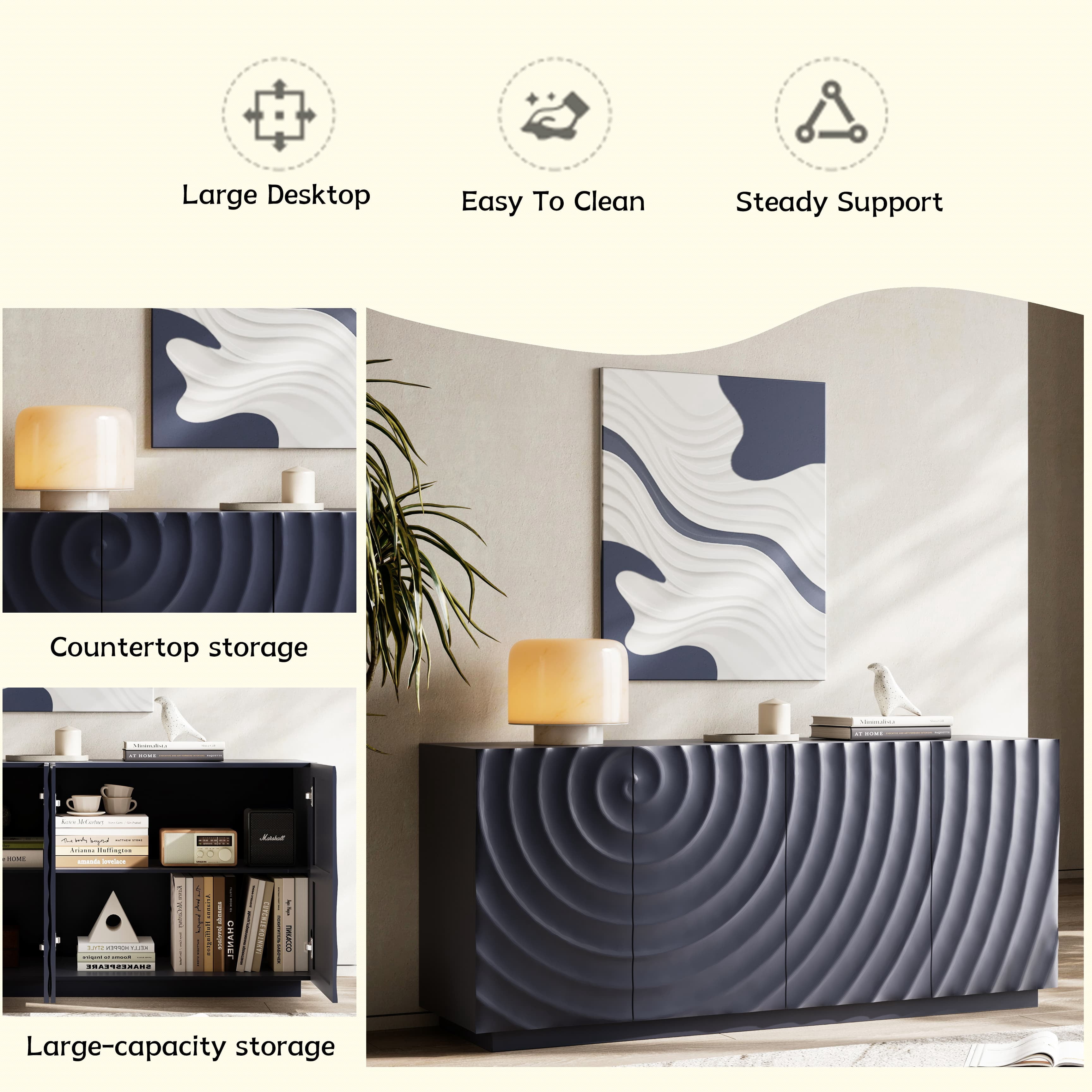 Aukfa Accent Sideboard Buffet Cabinet,Accent Storage Credenza with Ripple Door for Dining & Living Space,Navy Blue