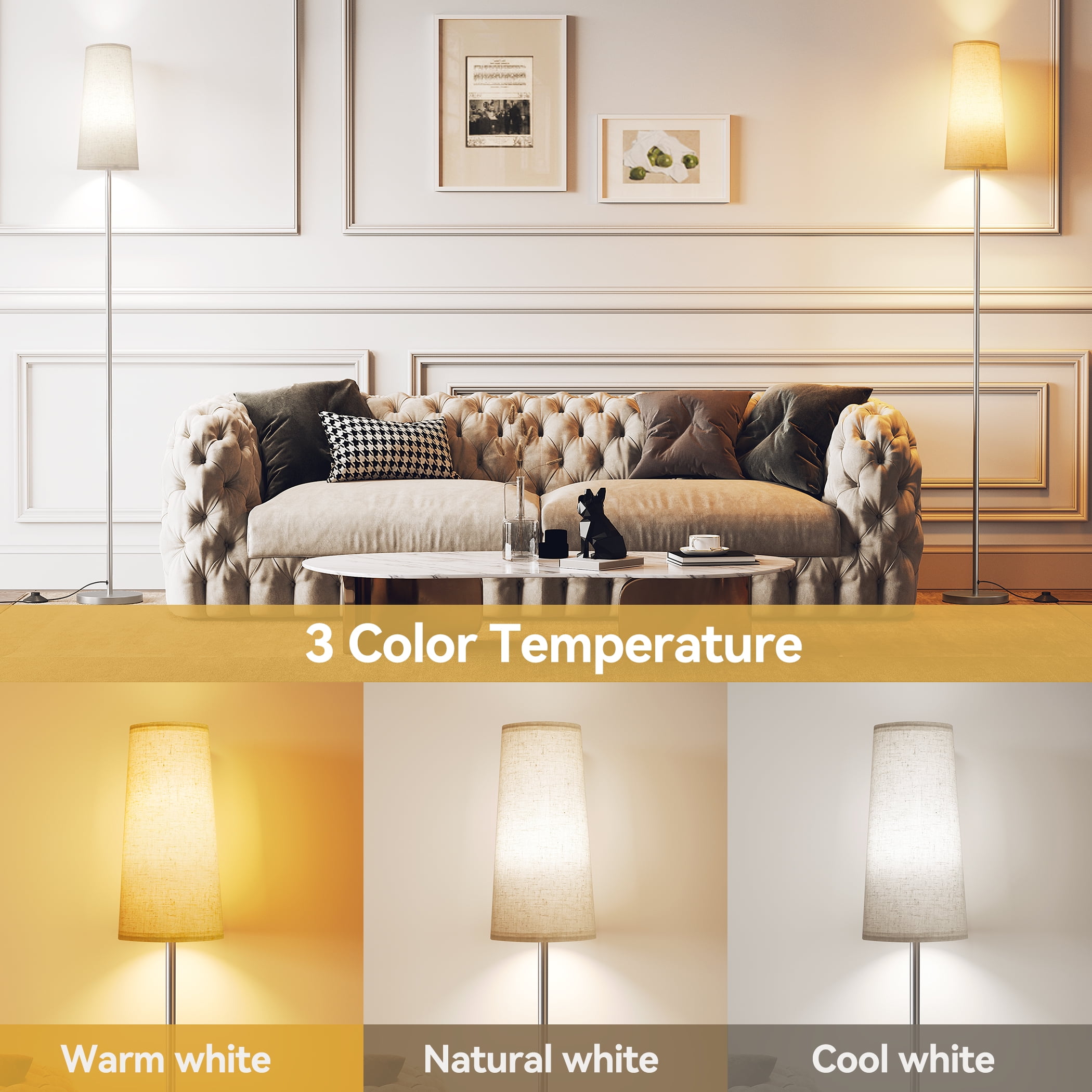 Sunmory Floor Lamps for Living Room/Bedroom/Office, Standing Lamp with LED Bulb, 3 Color Temperature Tall Lamp, Suitable for Modern/Boho/Farmhouse and Other Home Decor Styles, Silver Lampshade