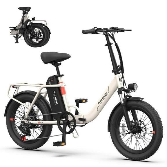5TH WHEEL W11B-W Vélo Électrique à Pneus Surdimensionnés de 20 Pouces, Vélo de Montagne Électrique Pliable 500W pour Adulte avec Batterie Amovible 48V 15.6Ah, Bicyclette Électrique Blanche avec 7 Vitesses, UL2849