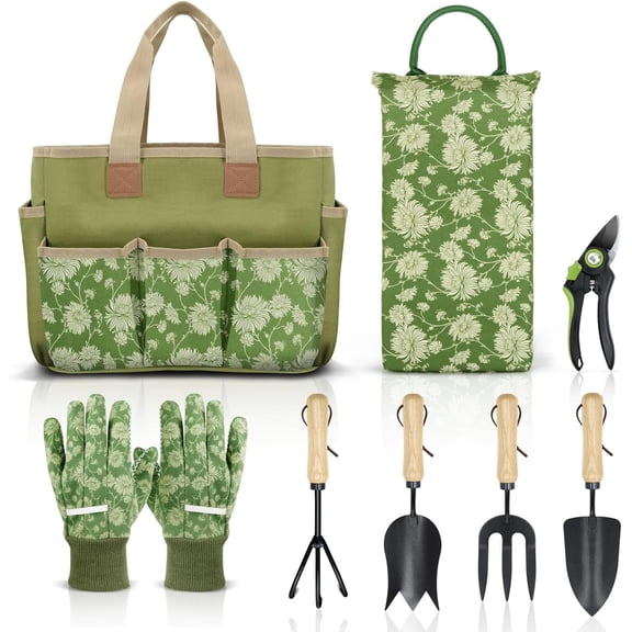 Garden Tools Set 8 Piece Heavy Duty Gardening Tools with Wooden Handle Including Garden Tote Kneeling Pad Gloves Pruner Trowel Tulip Trowel Cultivator - Gardening Gifts for Women Men
