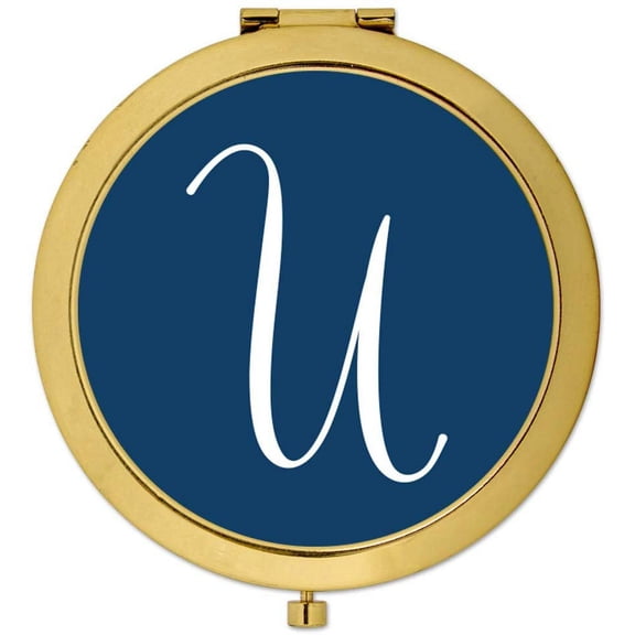 Koyal Wholesale Gold Compact Mirror Bridesmaid's Wedding Gift, Navy Blue, Monogram Letter U, 1-Pack