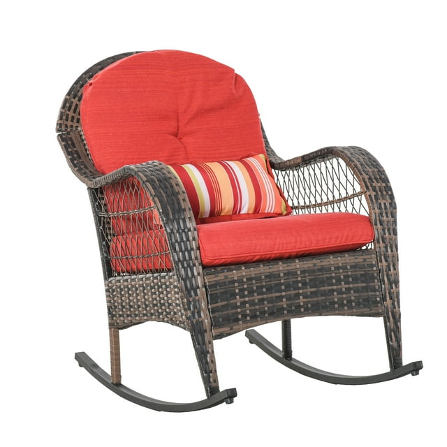 Outsunny Outdoor Rocking Chair with Seat and Back Cushion, Outdoor PE Rattan Garden Chair with Curved Armrests, for Porch, Backyard, Poolside, Red
