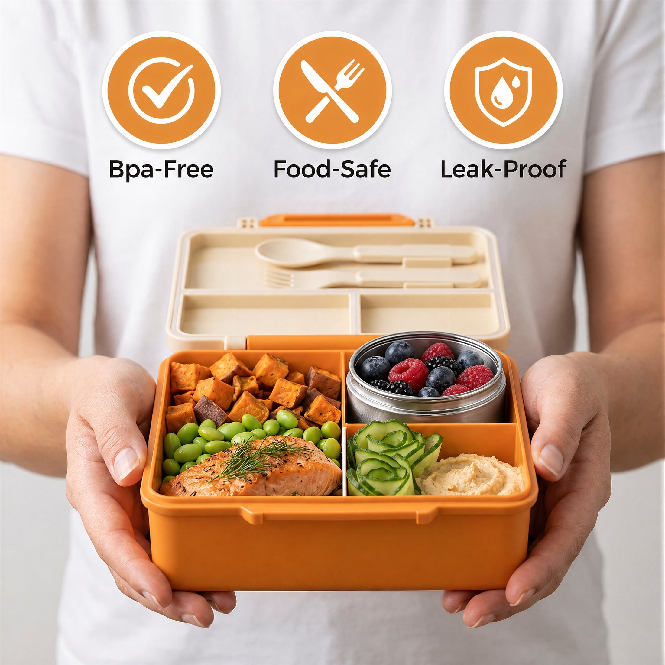 M Buder 1700ML Bento Box for Kids, Leak-Proof Child Lunch Box with 3 or 4 Compartments, 350 ml Insulated Food Jar, Fork, Spoon, Orange