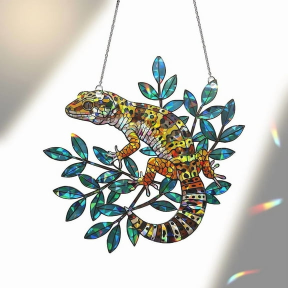 ViciArt Leopard Gecko Acrylic Suncatcher – 4" Holographic Reptile Window Hanging, Stained Glass Style Lizard on Leafy Branch, Rainbow Light Prism Décor