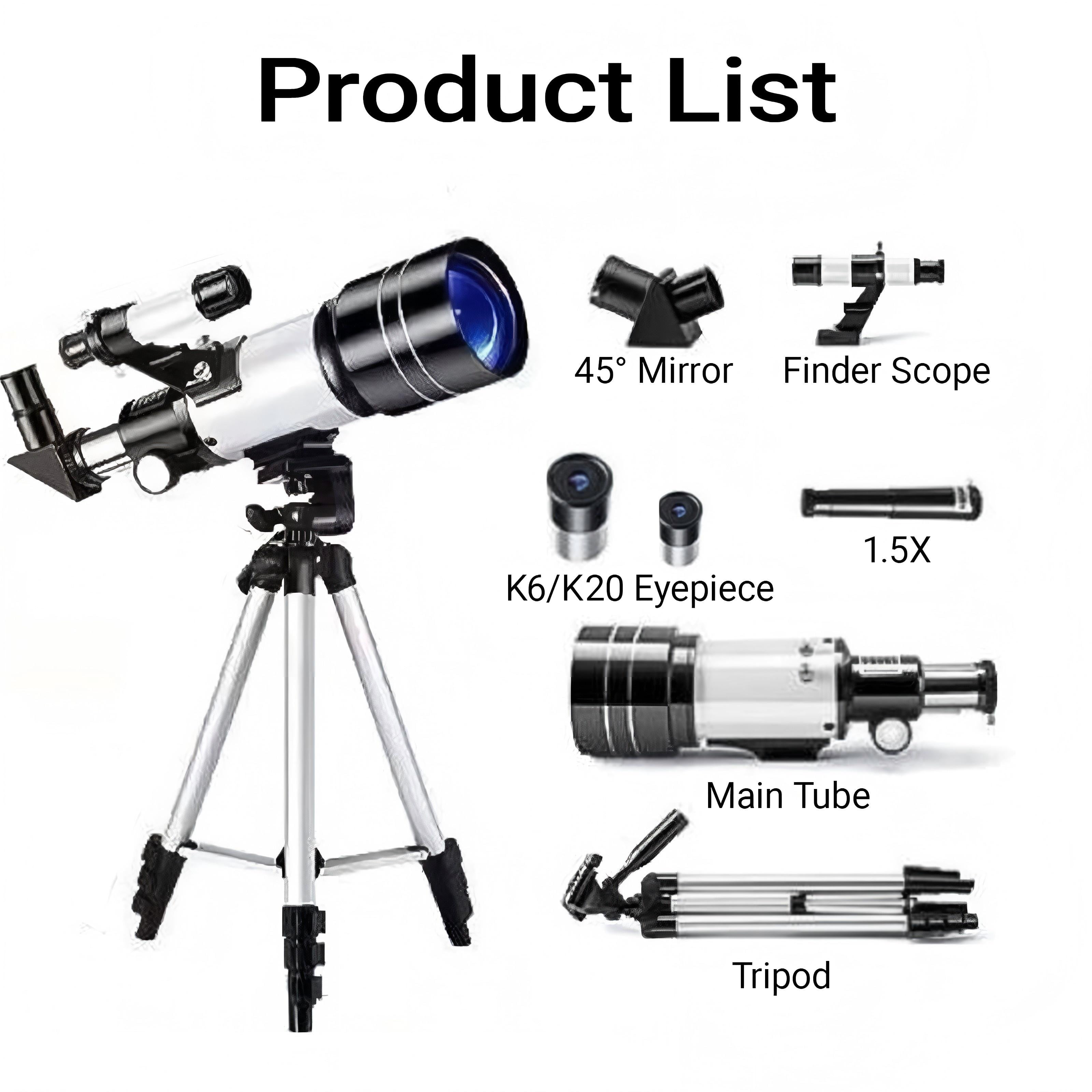 DKTIOP Telescope 70mm Aperture Portable Refractor with 22.5X-150X