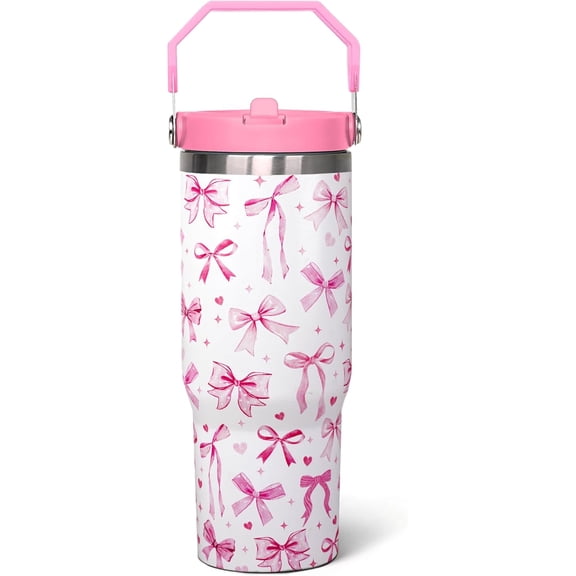 30 Oz Pink Bow Flip Tumbler With Lid and Straw, Coffee Travel Mug, Blue Bow Gifts for Women Girls, Bow Home Decor