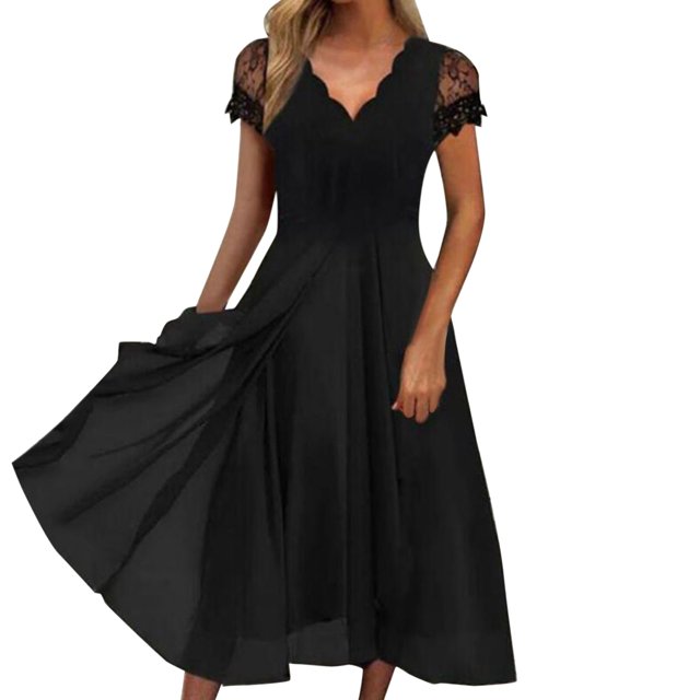 Gibobby Vestidos largos elegantes Vestido largo femenino de gasa con escote en V y encaje de empalme para mujer, vestidos de noche para dama de honor(Negro,XL)