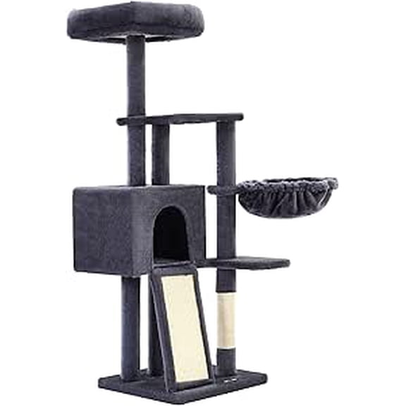 FEANDREA Arbre à Chat, Tour pour Chat de 53,1 Po pour Chats d'Intérieur, Condo pour Chat à Plusieurs Niveaux avec Housse de Perchoir Amovible et Lavable, Meuble pour Chat avec Poteau et Panneau à Griffer, Panier, Niche, Gris Fumé