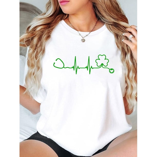 Women's St. Patrick's Day Clover ECG Graphic T-Shirt - Casual White Crew Neck Short Sleeve Top with Green Shamrock Design, Soft Polyester Blend, Machine Washable for Spring/Summer