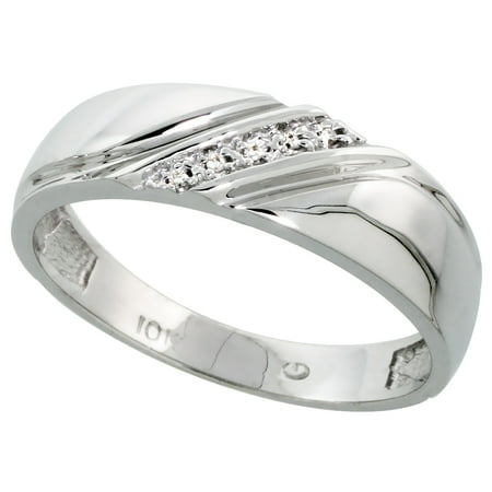 10k White Gold Mens Diamond Wedding Band Ring 0.03 cttw Brilliant Cut, 1/4 inch 6mm wide