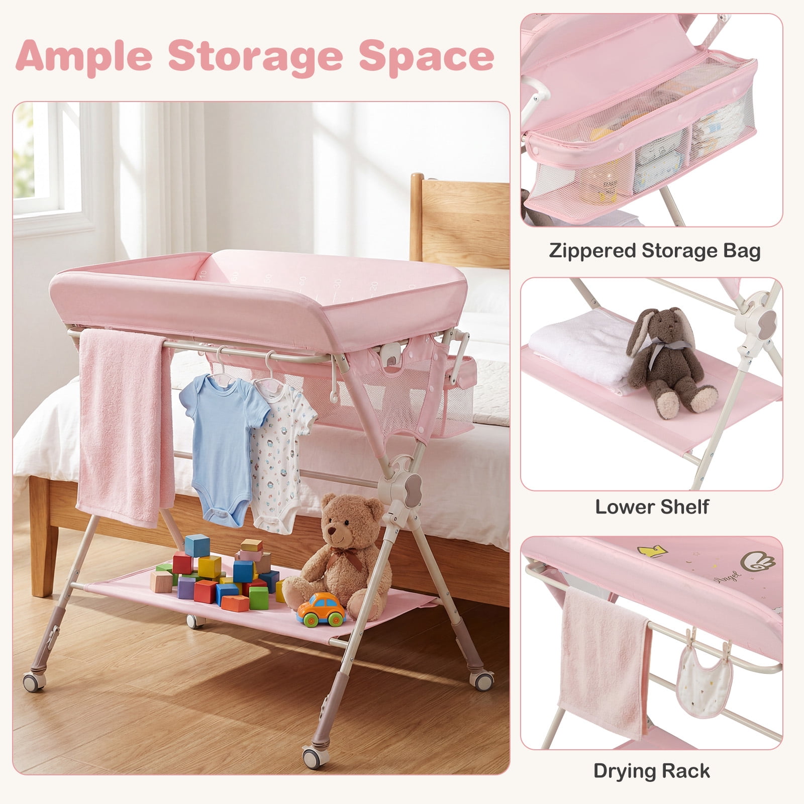 Infans Baby Changing Table w/Storage Bag Shelf Toys Lockable Wheels Adjustable Heights