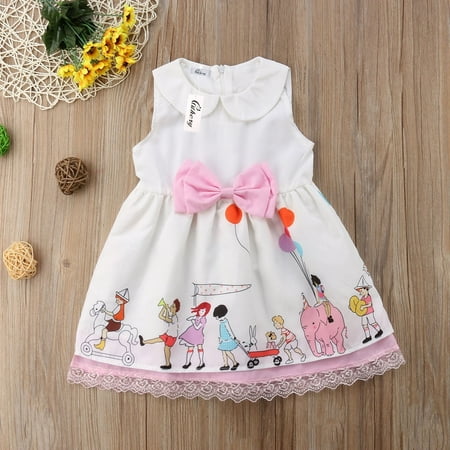 2018 Summer Sale Baby Girl Circus Pattern Lace Butterfly Knot sleeveless Party Dress Dress 1-5 Years