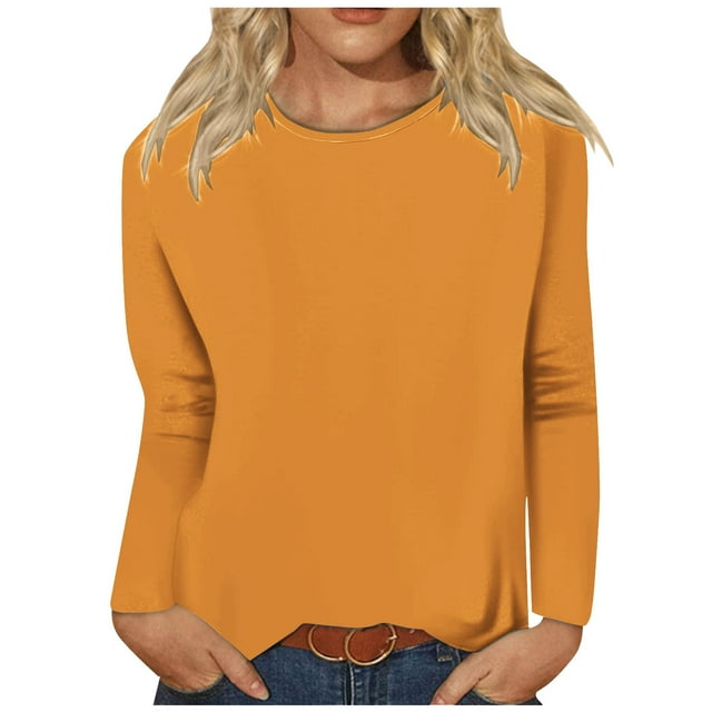 Timegard Womens Tops Long Sleeve Round Neck Solid Color Basic Tee Fall Casual Comfy Loose Tops Blouse