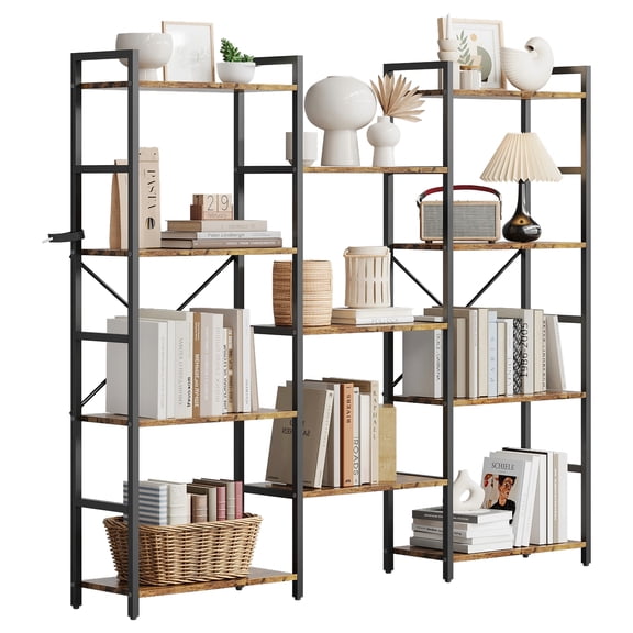 Industrial Triple Wide 4-Tier Bookshelf - 11 Open Shelves, Adjustable Heavy Duty Rustic Wood & Metal Bookcase, Display & Storage for Living Room, Bedroom, Office - Vintage Brown