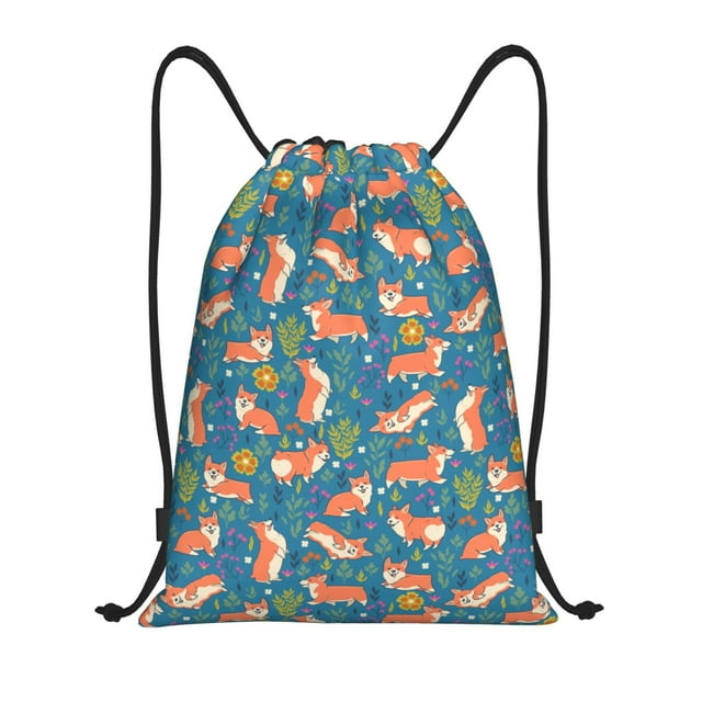 Xecao Corgi with Flowers Pattern Sports Drawstring Backpack - String Swim Gym Bag with Wet Proof Pocket for Women&Men-Medium