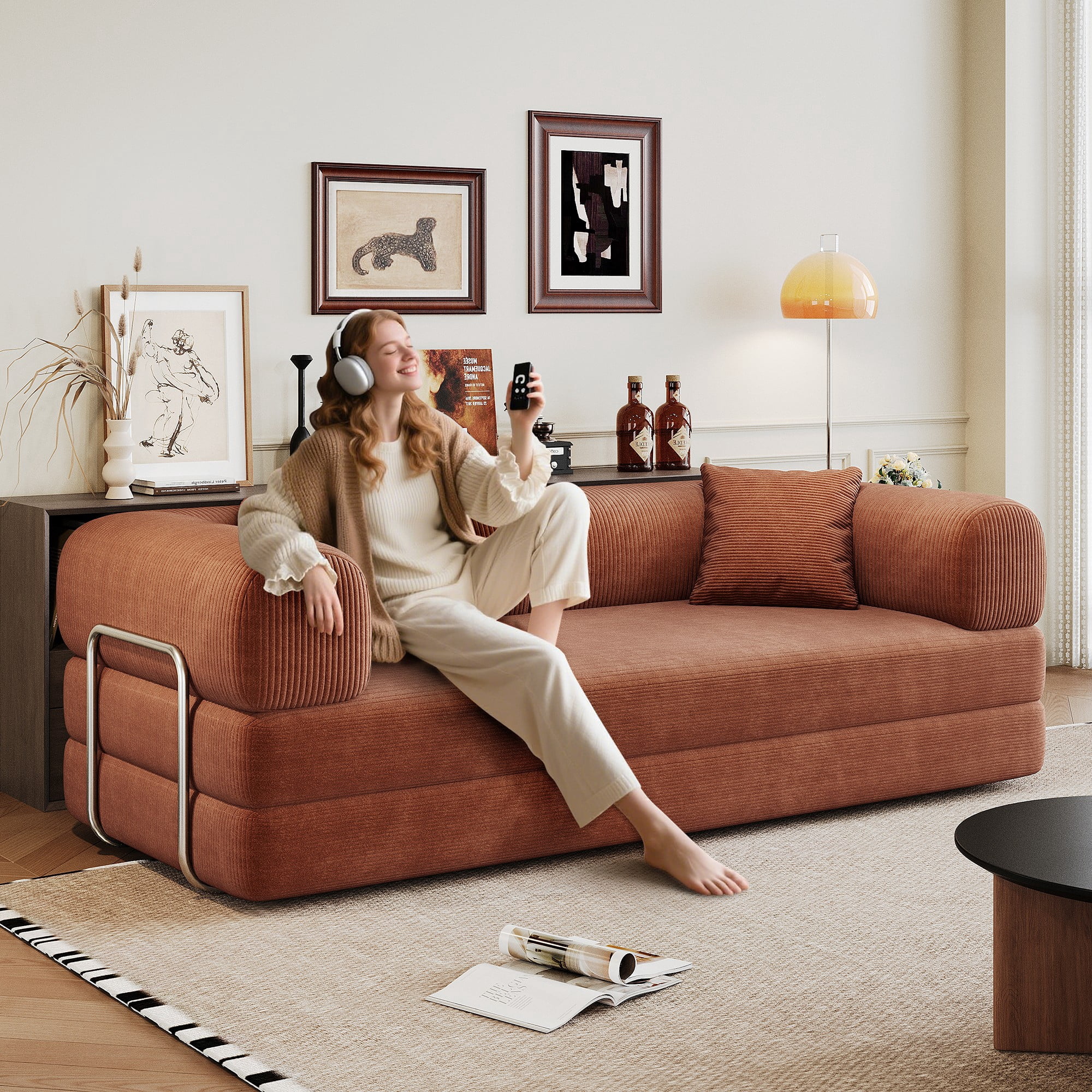78.8" Compression Sofa Bed, Convertible Floor Futon Couch with Pillow & Armrests, Modular Corduroy Sofa, Brown