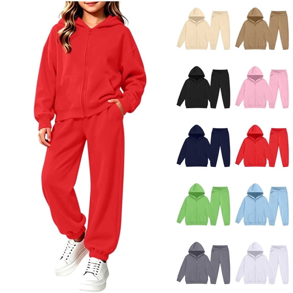 Kids 2-Piece Tracksuit Full Zip Hoodie and Jogger Pants Set Warm Fleece Athletic Outfit for Boys Girls (Ages 2-14 Years) School Daily Wear