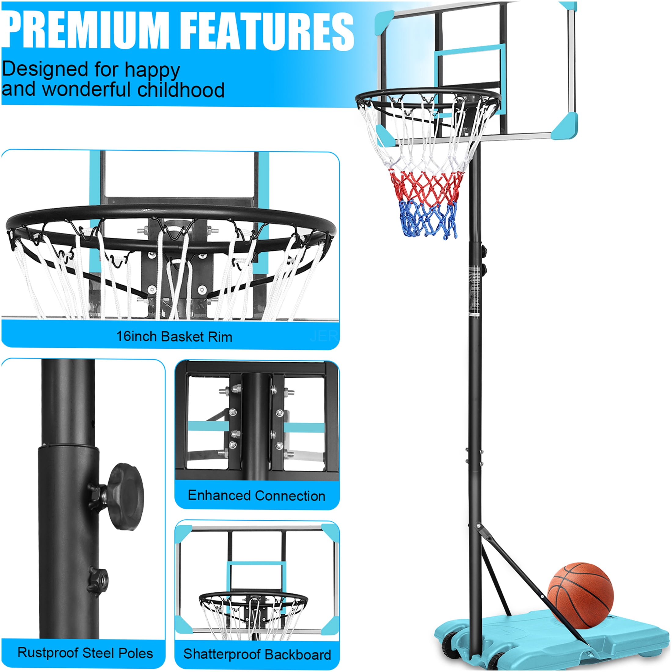 JERFIT 5.6ft-7ft Height Adjustable Portable Basketball Hoop with Wheels, 28" Backboard, Indoor Outdoor Use for Kids Youth Teenagers, Blue