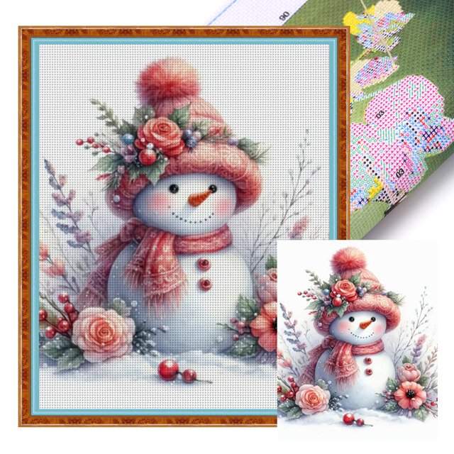 (11CTACC-6119__C__40X50) Hilo algodón ecológico bordado 11CT 3 hebras impresión 40*50cm muñeco nieve con gorro lana kit serie navideña punto cruz