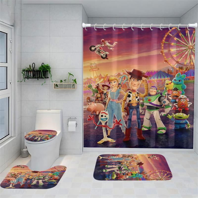 Lheaggik Cartoon Story 4 Pcs Bathroom Sets with Shower Curtain and Rugs, Waterproof Polyester Shower Curtain Sets with Hooks