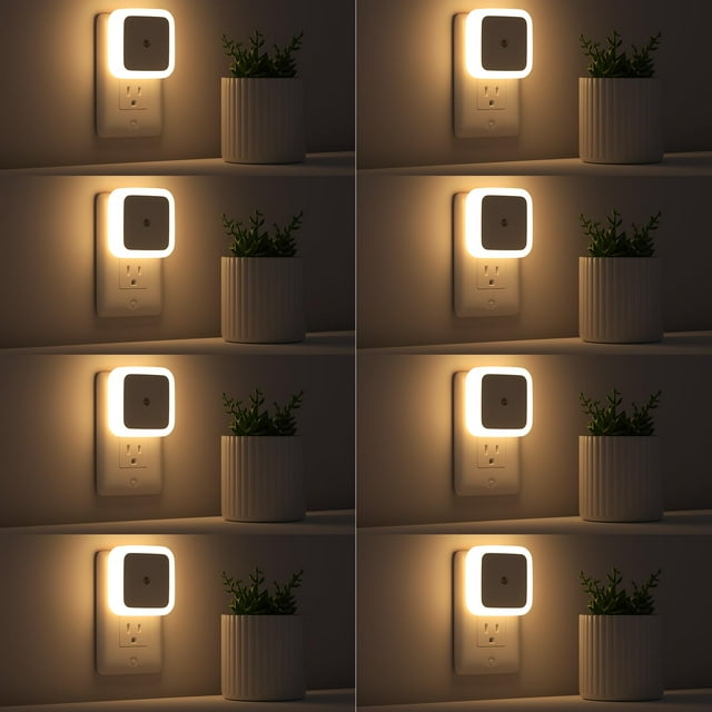 Luz nocturna Sujeet, paquete de 8, blanco cálido, sensor de anochecer a amanecer LED