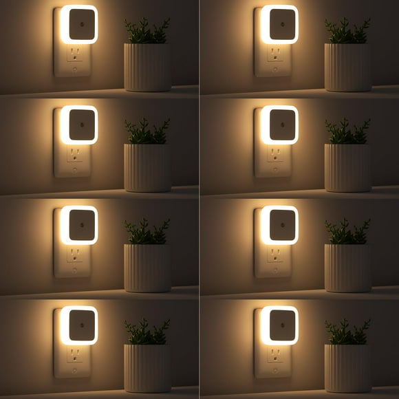 Luz nocturna Sujeet, paquete de 8, blanco cálido, sensor de anochecer a amanecer LED