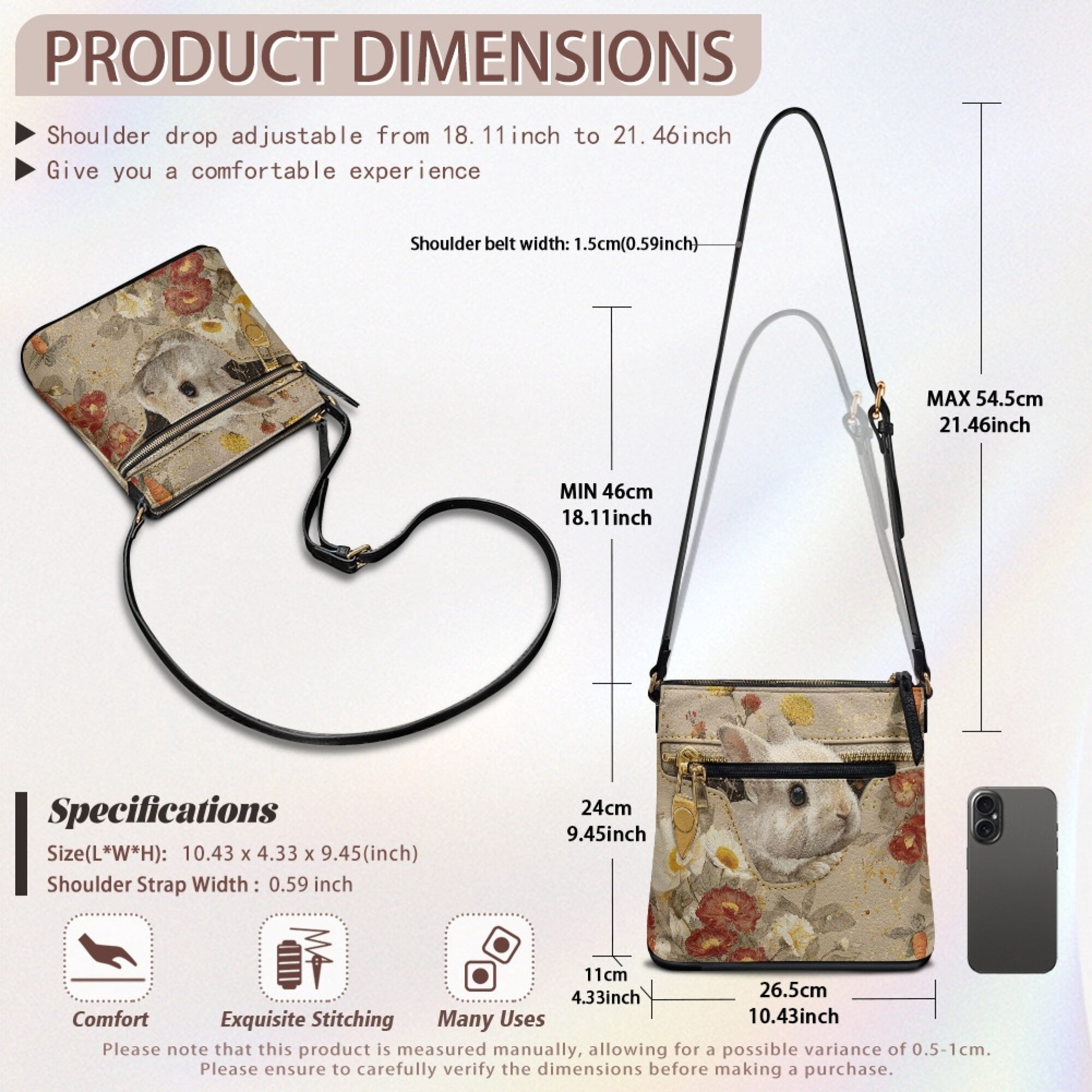 LedBack Bunny Floral Print Crossbody Purses for Women Satchel Bag Leather Hobo Bags Medium Size Shoulder Handbag Purse Messenger Bag with Adjustable Strap, Beige