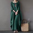 thumbnail image 1 of JUNWELL Spring New Loose Size Round Neck Mid-Sleeve Large Swing Cotton And Linen Long Dress, 1 of 7