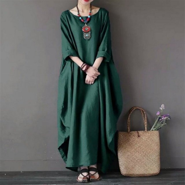 JUNWELL Spring New Loose Size Round Neck Mid-Sleeve Large Swing Cotton And Linen Long Dress