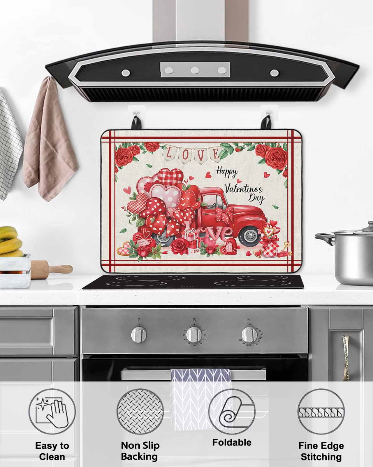 Large Induction Cooktop Protector Mat Valentine's Day Stove Top Covers for Electric Stove, Red Truck Love Roses Gifts Farmhouse Decorative Stove Burner Cover Mats, Glass Top Stove Cover