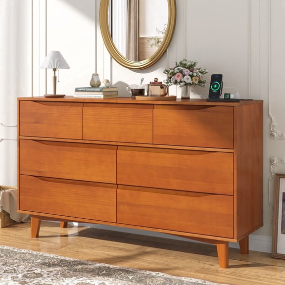 Blotout Solid Wood Dresser for Bedroom, 55"W x 33"H Mid Century Modern 7 Drawer Dresser with Charging Station, Handleless Wood Chest of Drawers for Living Room Entryway Hallway