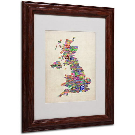 Trademark Fine Art "UK Cities Text Map" Matted Framed Art by Michael Tompsett