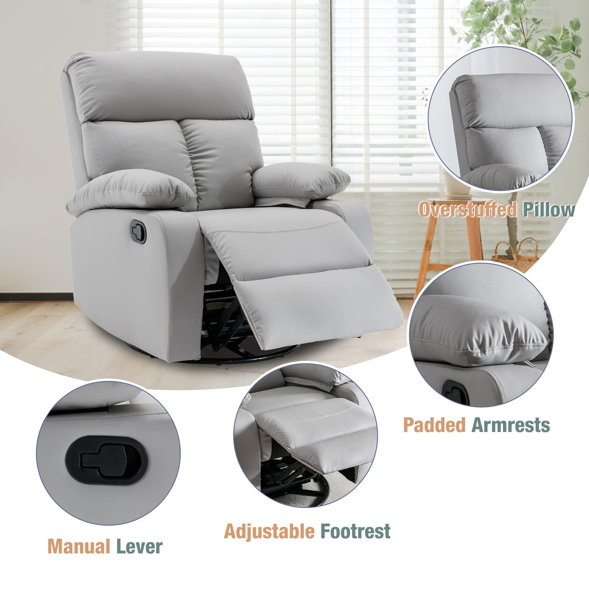 2 Pcs Gray Ergonomic Swivel Recliner Chair for Living Room, Manual Rocking Recliner with 360° Rotation, Soft Fabric Lounge Chair for Reading, Movie Nights and Relaxing