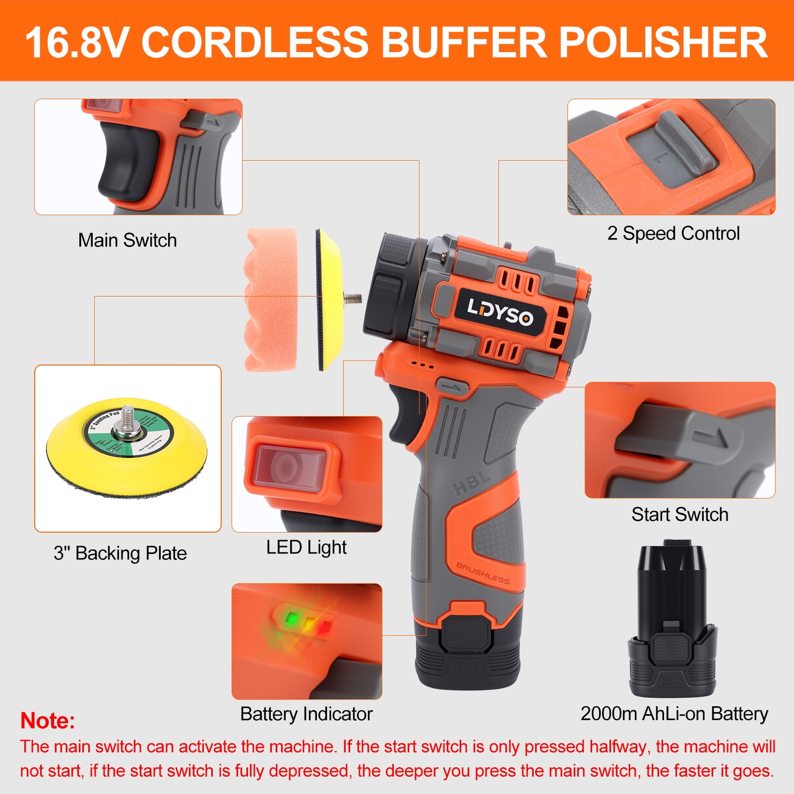 Cordless Buffer Polisher, 16.8V Auto Detailing Drill Brushes Set with 2000mAh Battery & Charger, 15pcs Drill Kit, Variable Speed for Car Washing/Detailing/Buffing/Sanding/Waxing