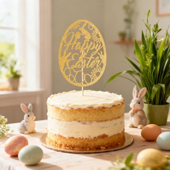 DAMAI 5.9 inch Glitter Happy Easter Cake Topper, Happy Easter Cake Topper Bunny Ears Easter Egg Decor, Easter Party Decorations for Cakes, Centerpieces, Table Decor