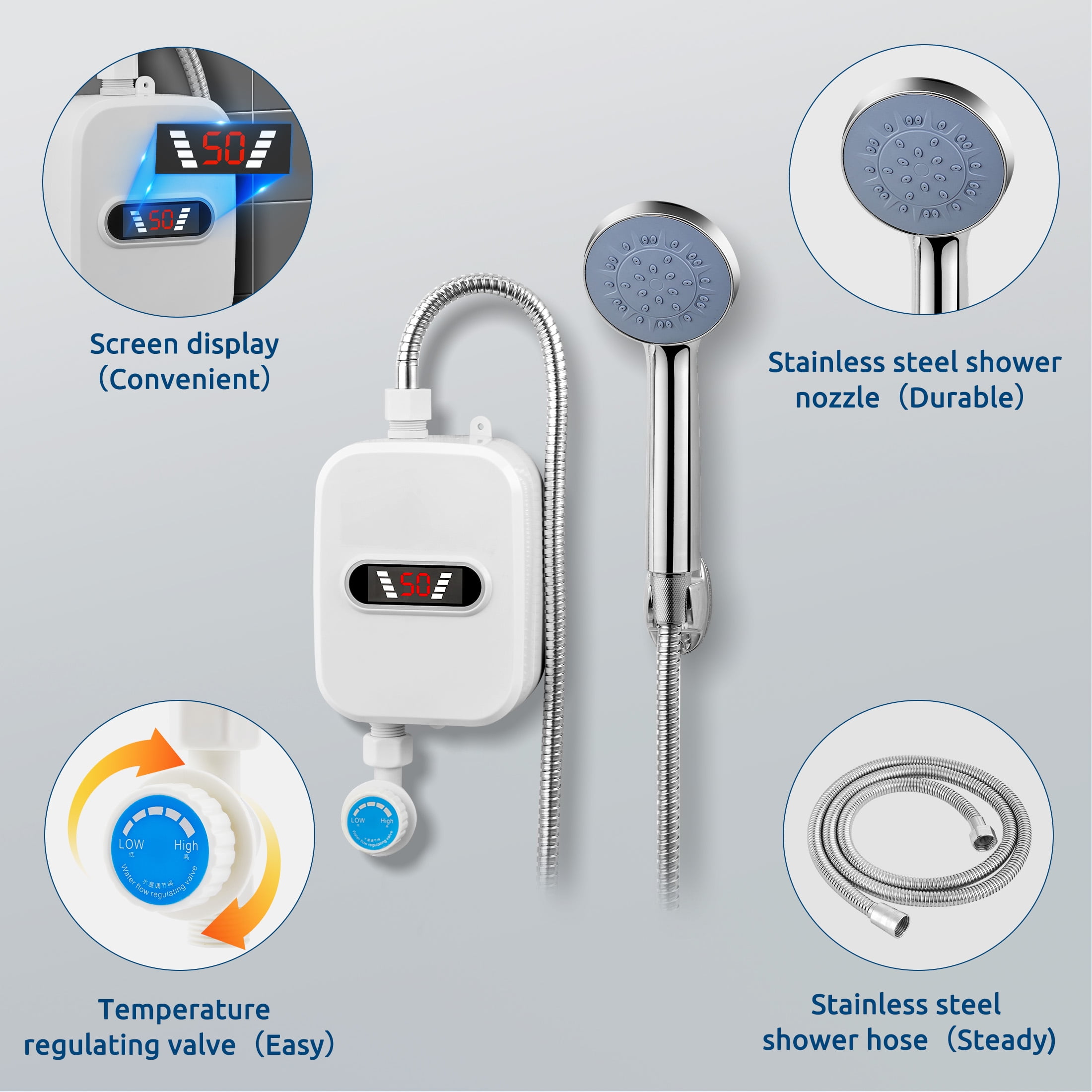 LOFTER-Pro 110 V 50 Hz Electric Tankless Water Heater Shower Head Set, 3500W Instant Hot Water Heater LCD Display for Home, White