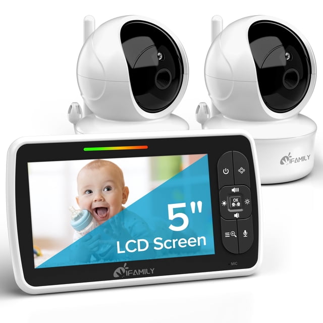 Vigilabebés iFamily con 2 cámaras | Monitor de bebé con video remoto, inclinación, zoom y cámara con audio, pantalla grande de 5", visión nocturna, pantalla de temperatura, canción de cuna, audio de 2