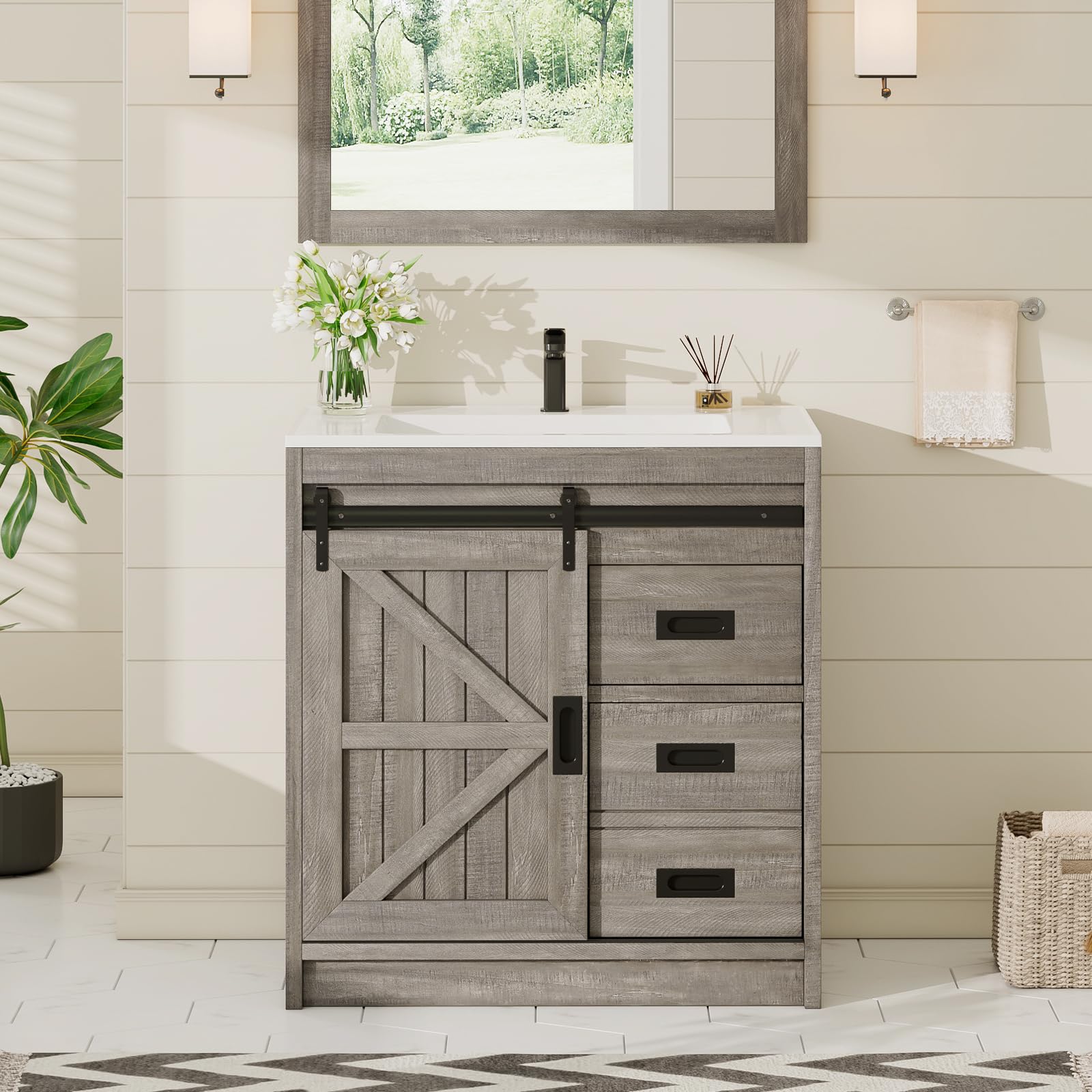 VANACC 31" Farmhouse Sliding Barn Door Bathroom Vanity with Sink Combo, Bathroom Vanity Cabinet with Drawers & Metal Handles, Freestanding, Gray