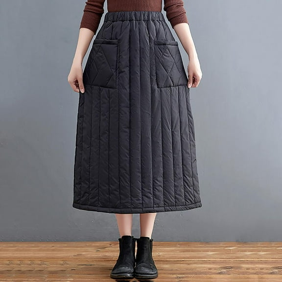 Bxsruta Skirts for Women, Women's Winter Thermal Down Skirt with Pockets, High Waist Warm Fluffy Skirt